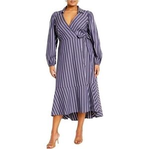 City Chic NWT Navy Blue Striped Long Sleeve Wrap Dress Size 24